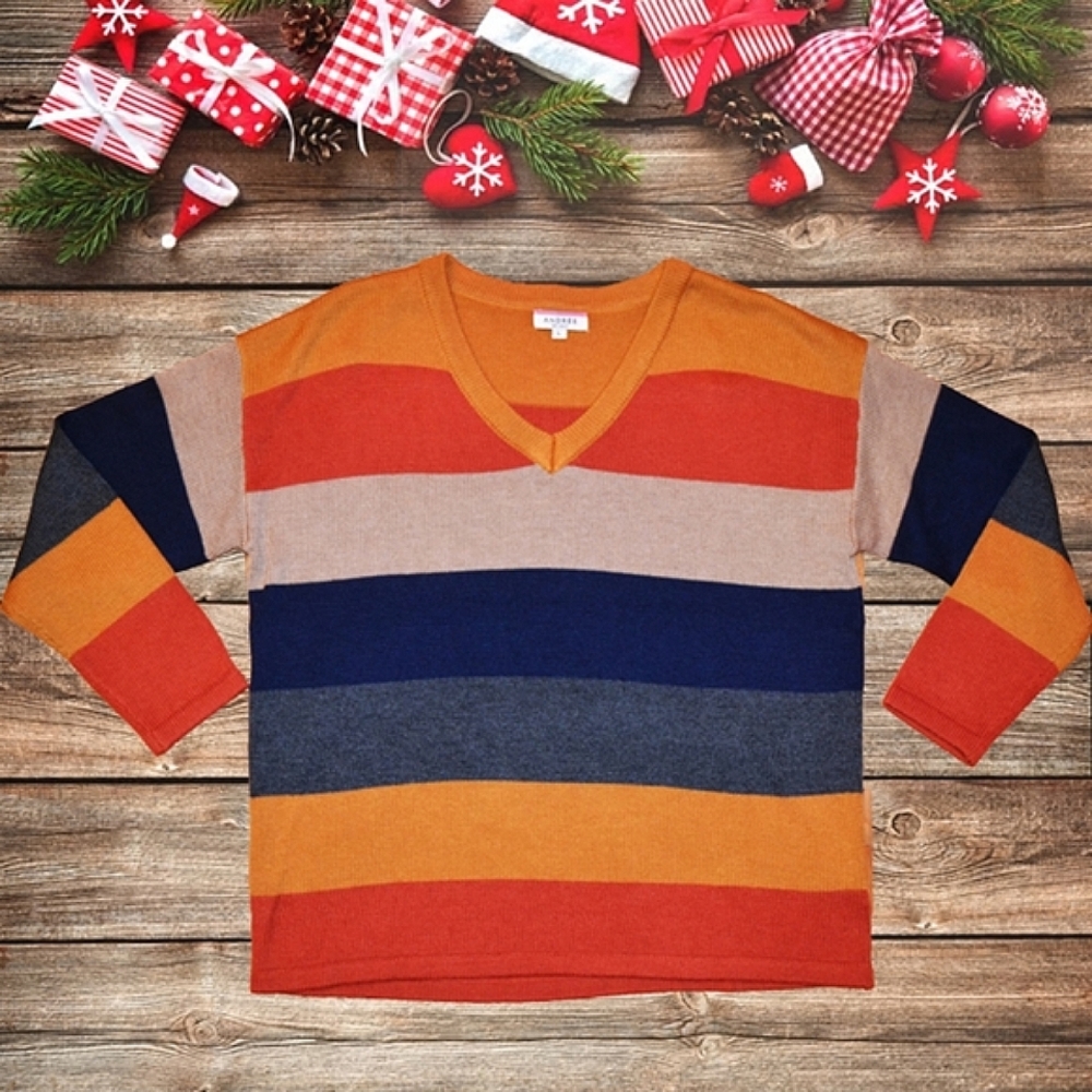 ​Andree by Unit Wool Blend Colorblock Stripe V-Neck Sweater Size L